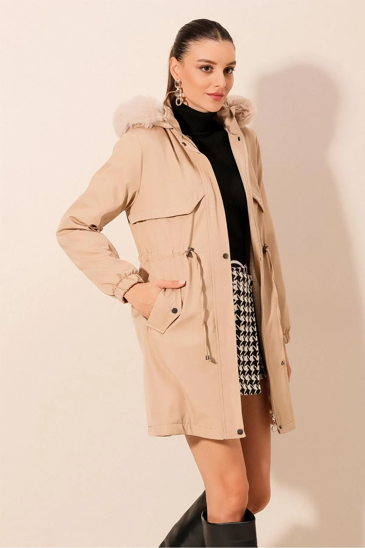 BGD Women Hooded Faux Fur Coat - Beige - Apple Valley