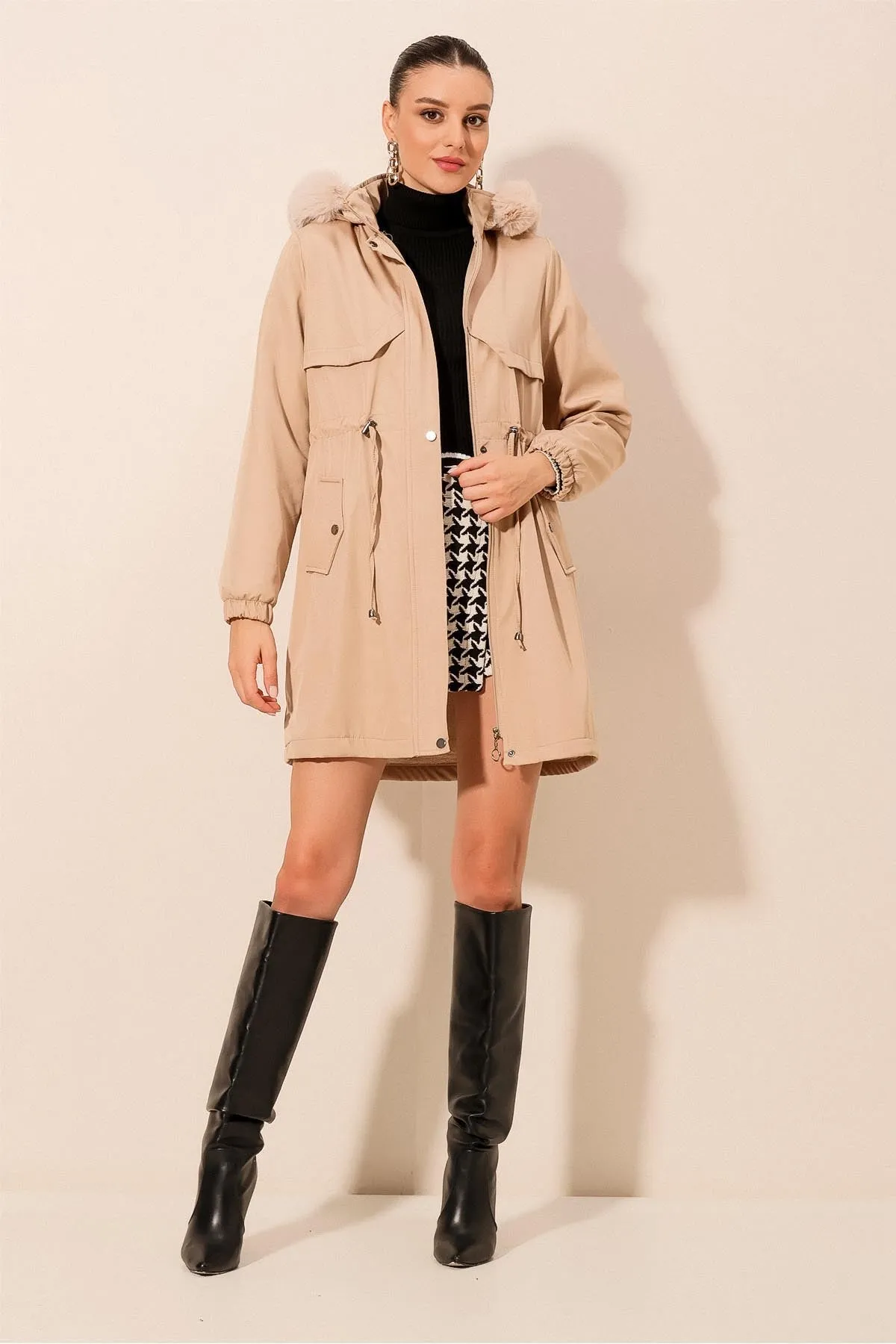 BGD Women Hooded Faux Fur Coat - Beige - Apple Valley