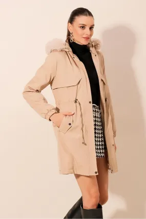 BGD Women Hooded Faux Fur Coat - Beige - Apple Valley