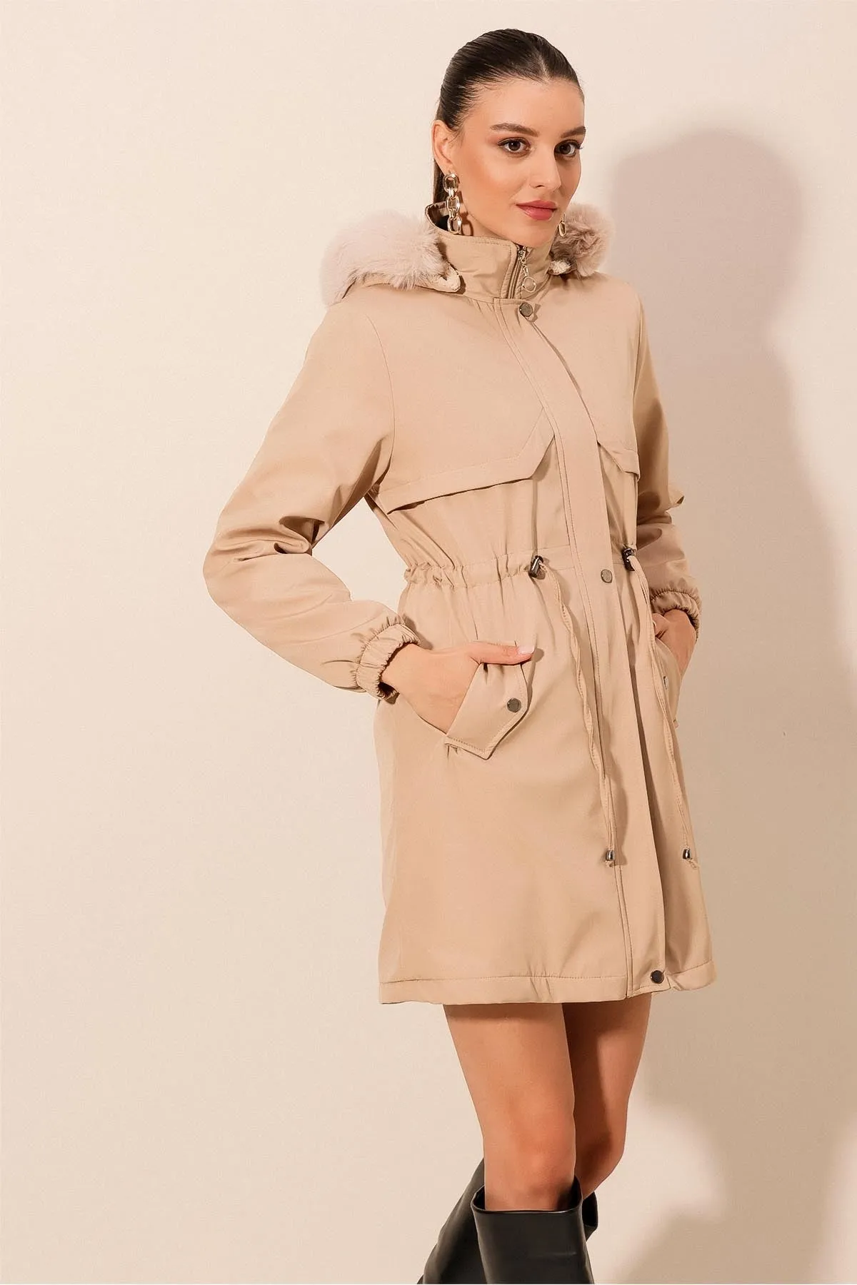 BGD Women Hooded Faux Fur Coat - Beige - Apple Valley