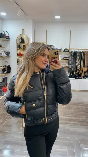 Black puffer jacket with purplw detail