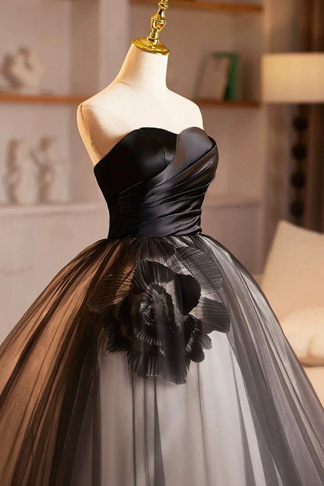 Black Satin and Tulle Long Prom Dress, Elegant A-Line Strapless Formal Party Dress