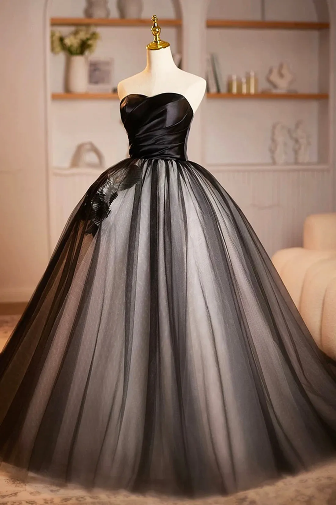 Black Satin and Tulle Long Prom Dress, Elegant A-Line Strapless Formal Party Dress