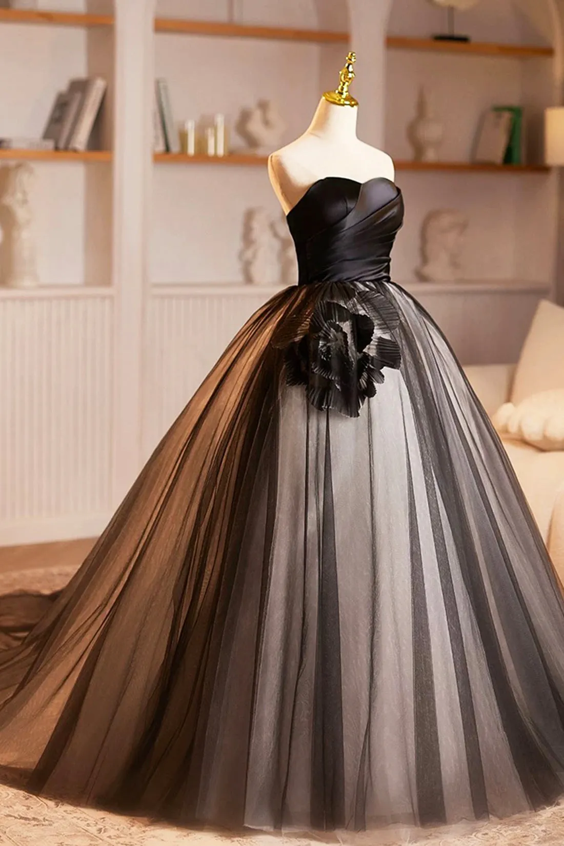 Black Satin and Tulle Long Prom Dress, Elegant A-Line Strapless Formal Party Dress