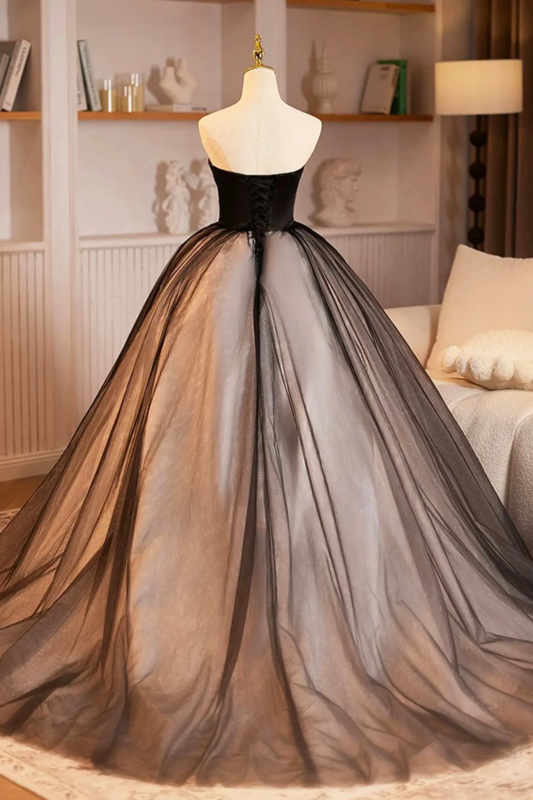 Black Satin and Tulle Long Prom Dress, Elegant A-Line Strapless Formal Party Dress