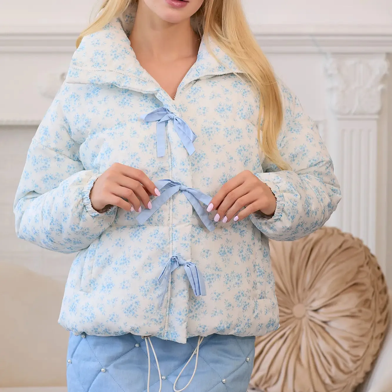 Blue Bow Puffer Coat
