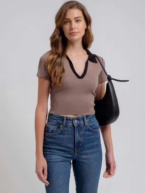 Contrast Collared Short Sleeve Crop Sweater