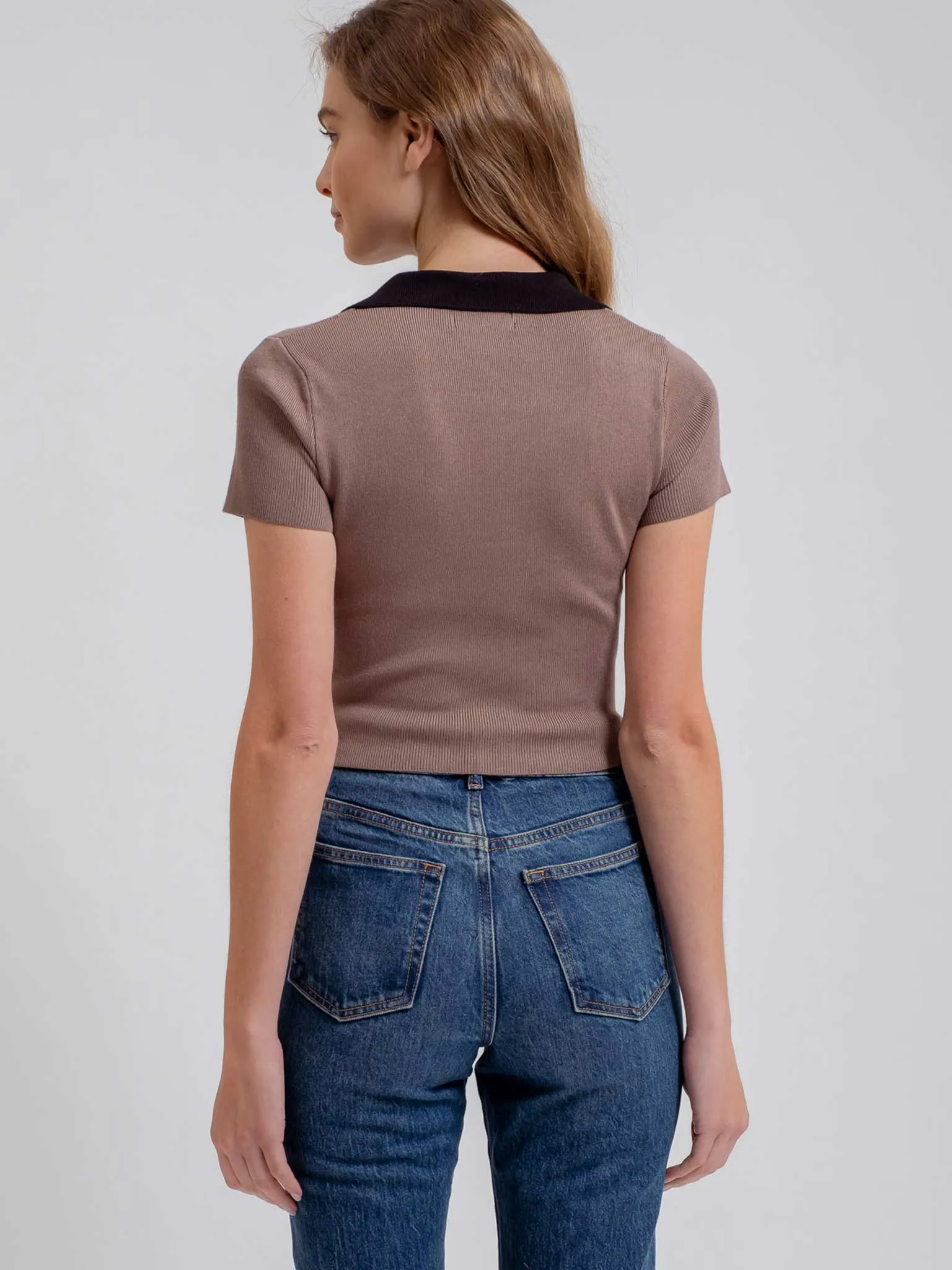 Contrast Collared Short Sleeve Crop Sweater