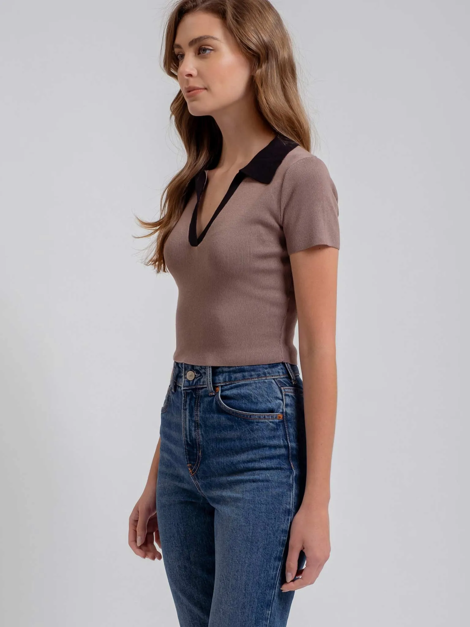 Contrast Collared Short Sleeve Crop Sweater