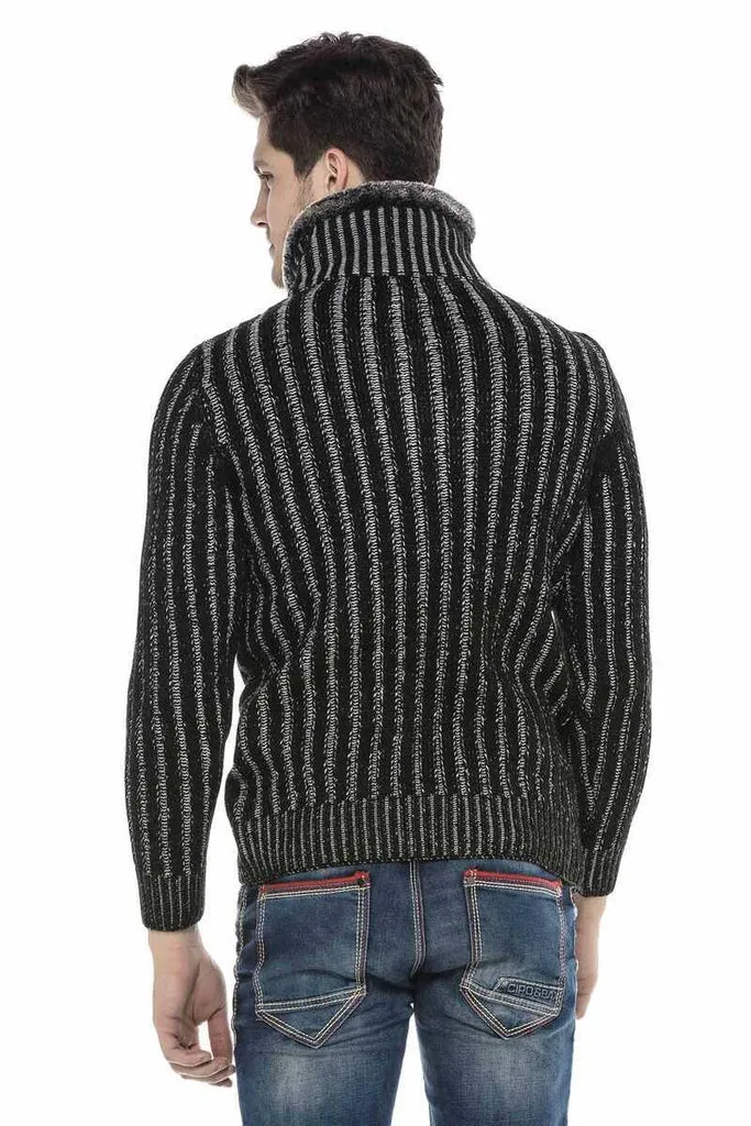 CP212 Textured Thick Patterned Sweater with Fur Collar