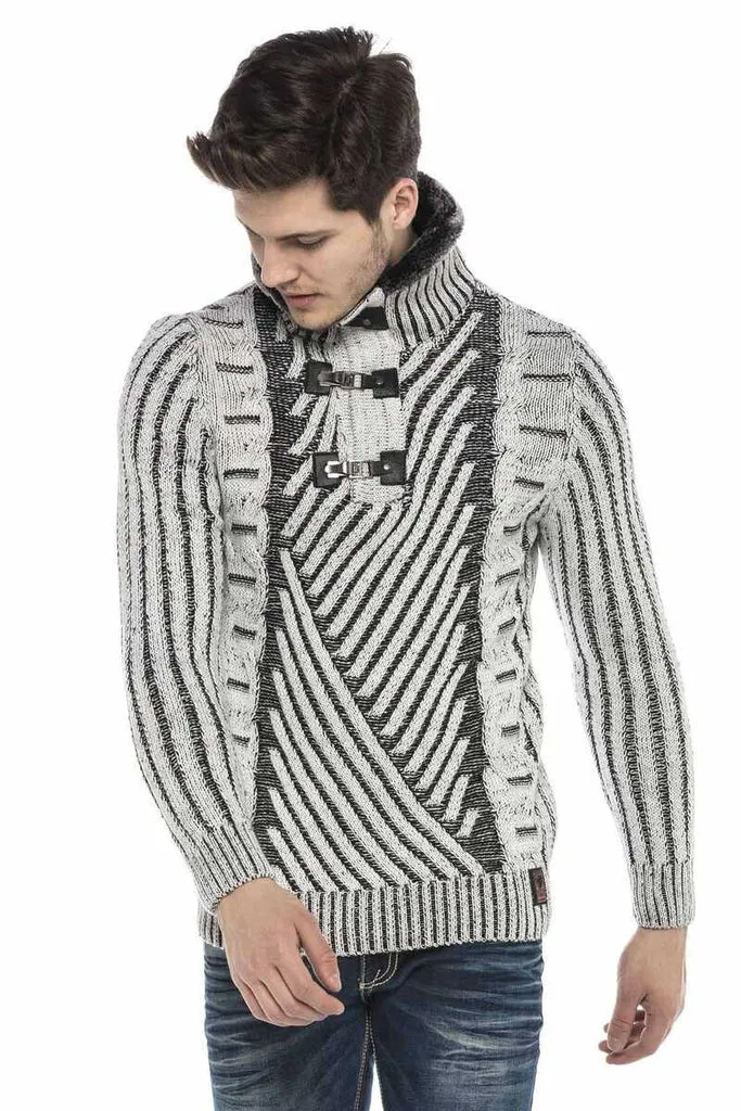 CP212 Textured Thick Patterned Sweater with Fur Collar