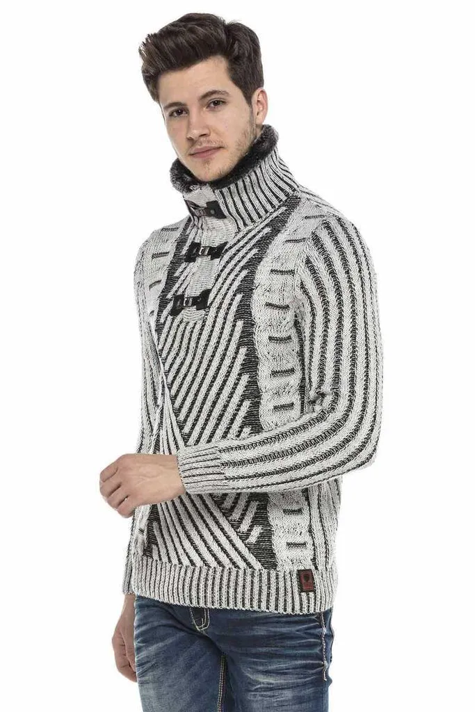 CP212 Textured Thick Patterned Sweater with Fur Collar