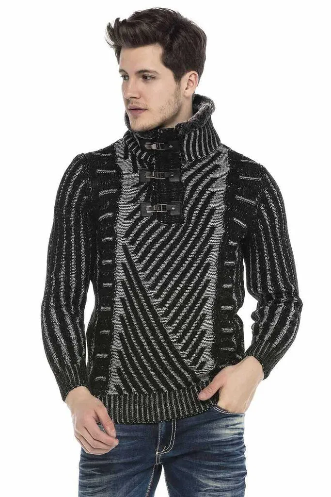 CP212 Textured Thick Patterned Sweater with Fur Collar