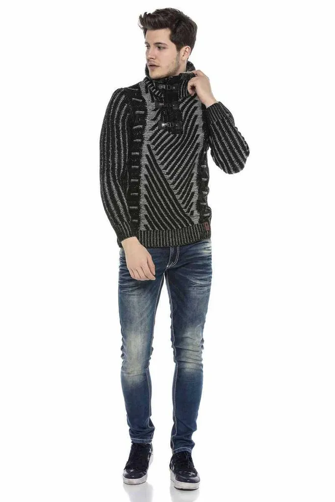 CP212 Textured Thick Patterned Sweater with Fur Collar