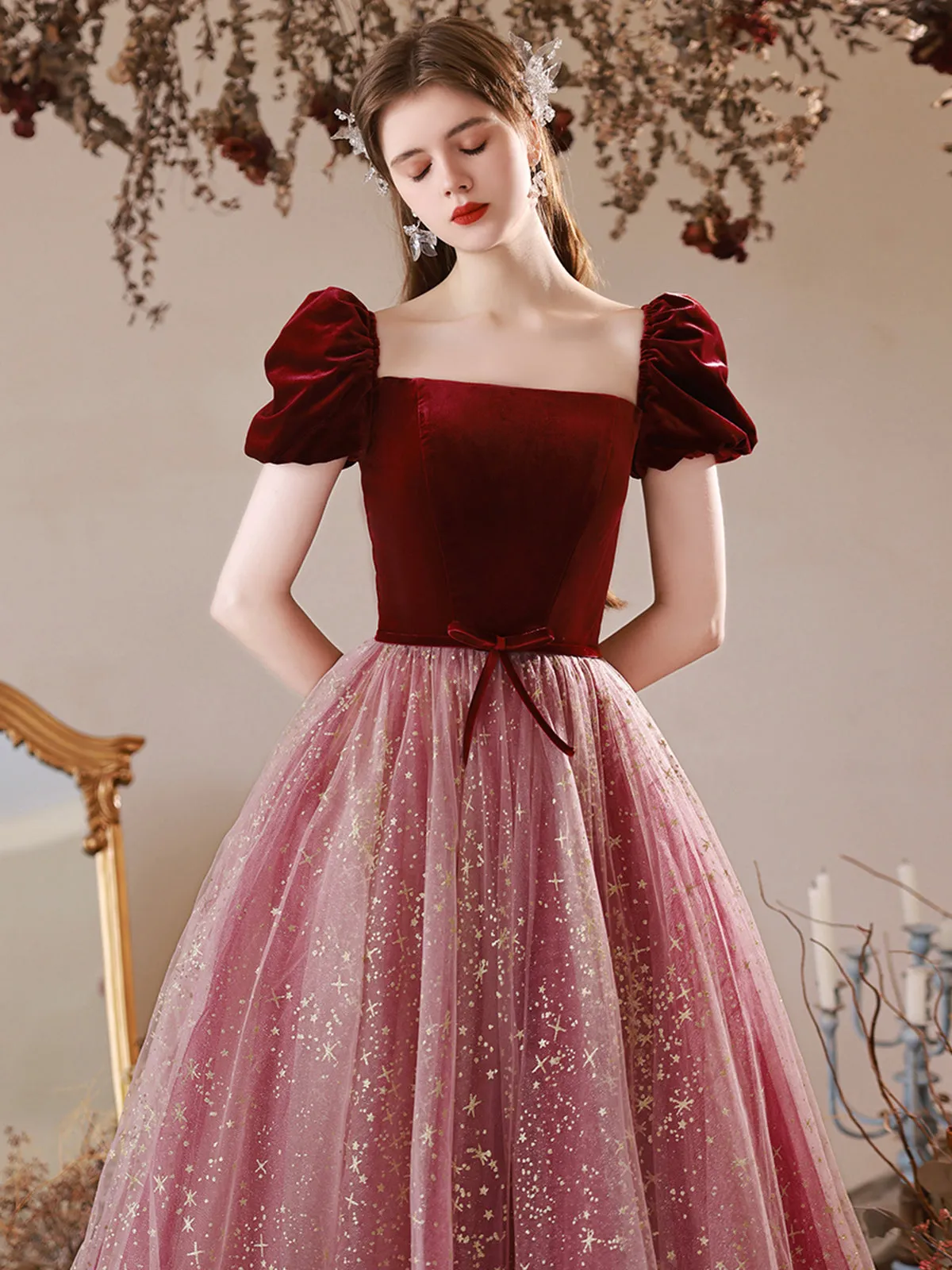 Cute Velvet Tulle Long Prom Dress, A-Line Off the Shoulder Evening Dress