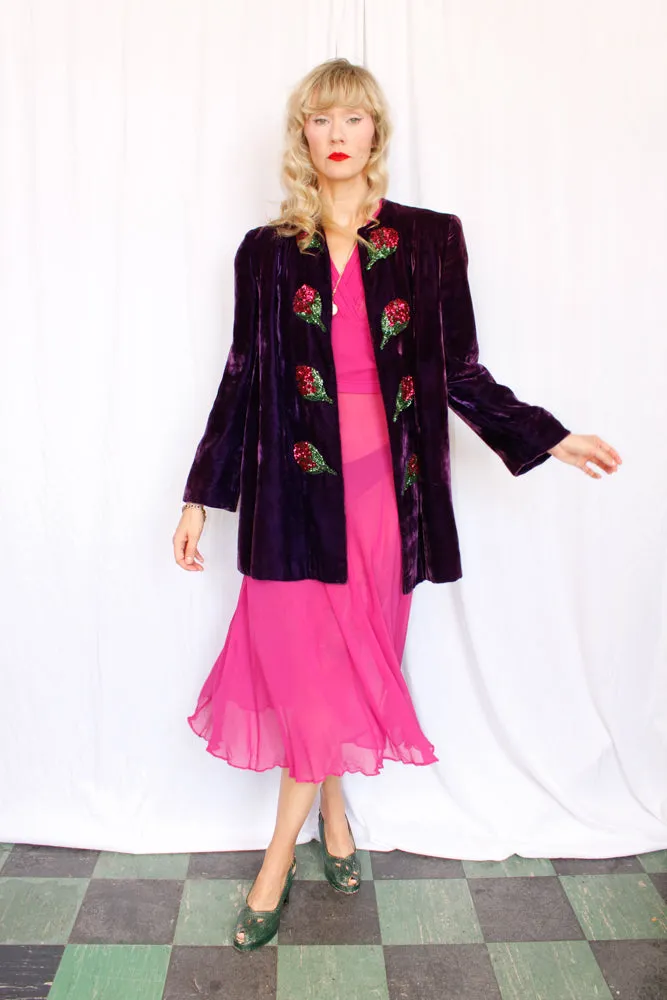 Early 1940s Purple Velvet Pink Sequin Flower Coat - M/L