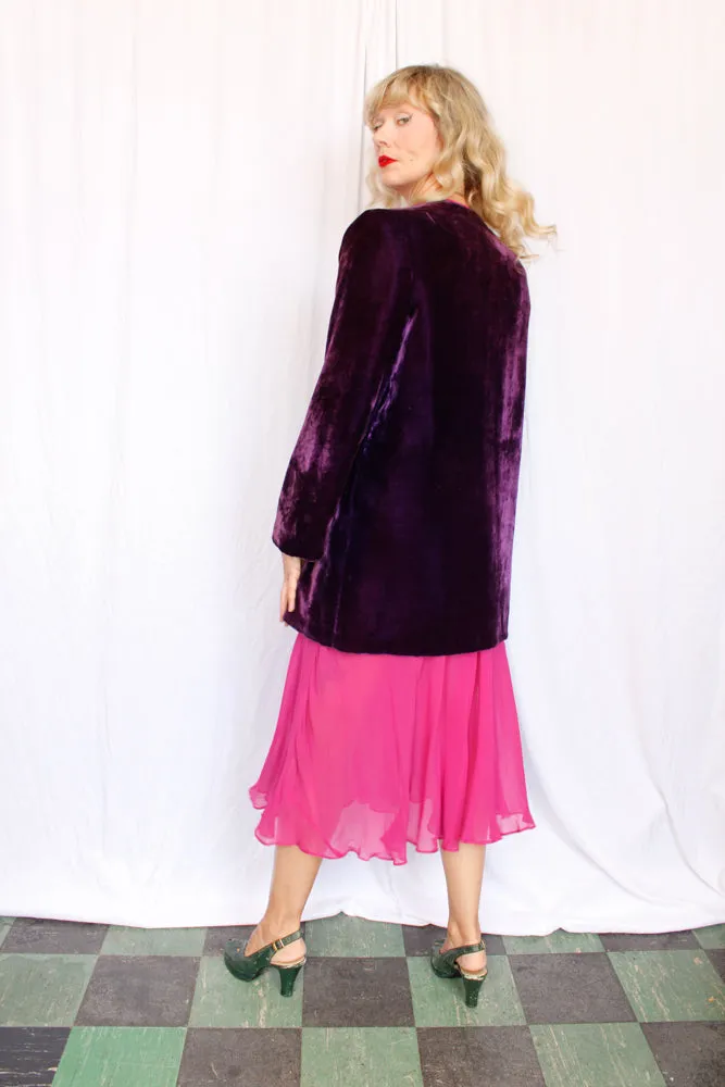 Early 1940s Purple Velvet Pink Sequin Flower Coat - M/L