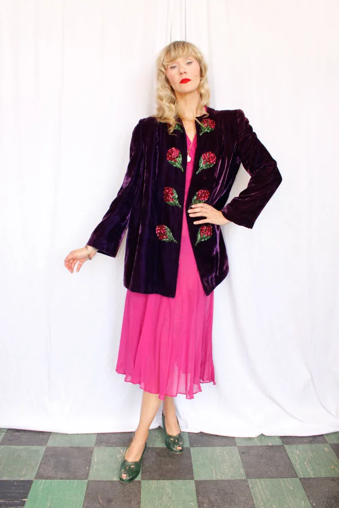 Early 1940s Purple Velvet Pink Sequin Flower Coat - M/L