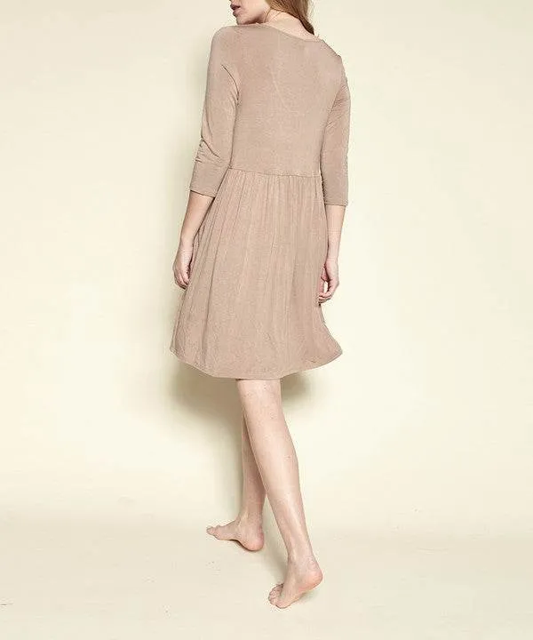 Fabina Bamboo Loose Fit Babydoll V-Neck 3/4 Sleeves Pocketed Mini Dress