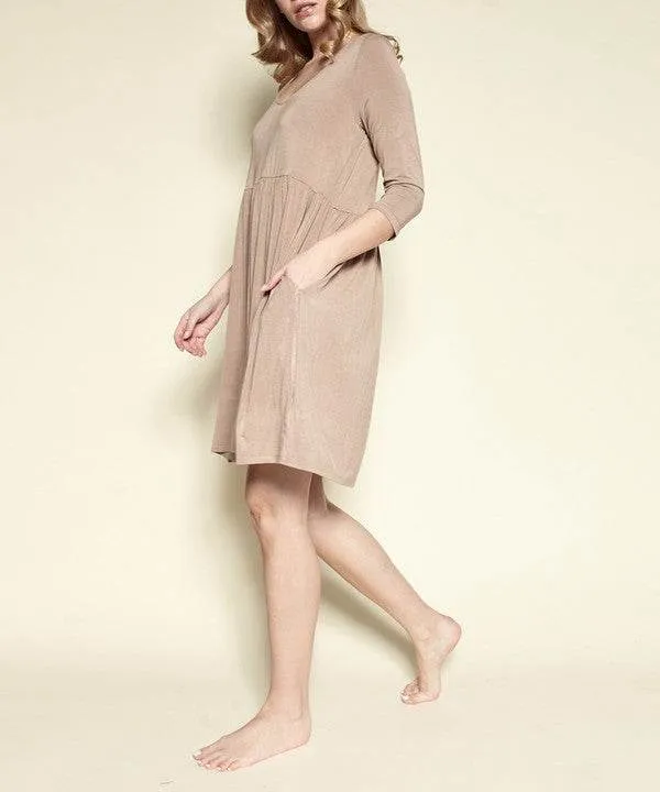 Fabina Bamboo Loose Fit Babydoll V-Neck 3/4 Sleeves Pocketed Mini Dress