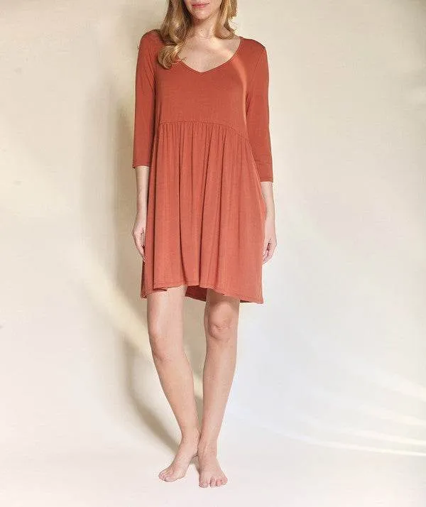 Fabina Bamboo Loose Fit Babydoll V-Neck 3/4 Sleeves Pocketed Mini Dress