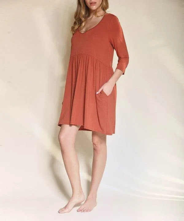 Fabina Bamboo Loose Fit Babydoll V-Neck 3/4 Sleeves Pocketed Mini Dress