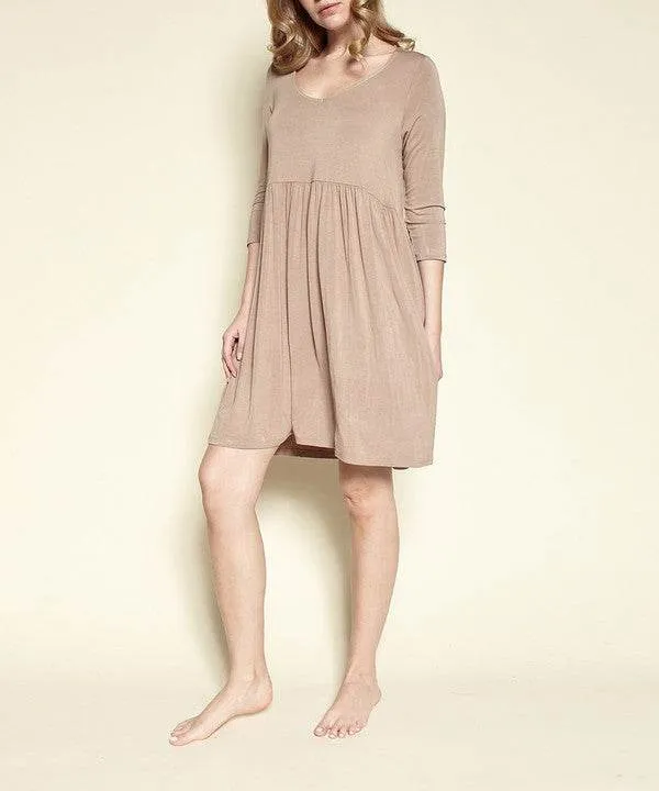 Fabina Bamboo Loose Fit Babydoll V-Neck 3/4 Sleeves Pocketed Mini Dress