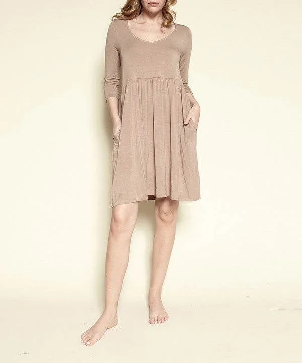 Fabina Bamboo Loose Fit Babydoll V-Neck 3/4 Sleeves Pocketed Mini Dress