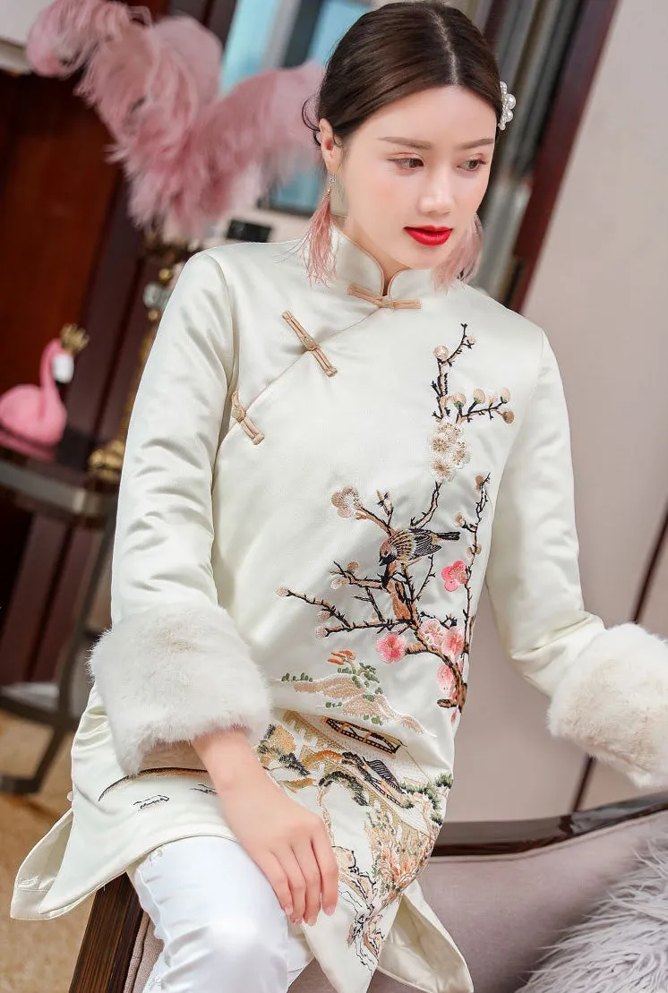 Floral Embroidery Retro Chinese Style Brocade Wadded Coat Comfort Fit