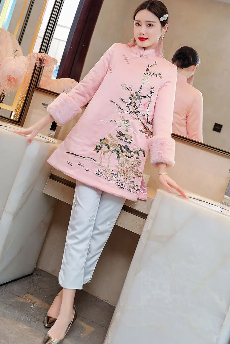 Floral Embroidery Retro Chinese Style Brocade Wadded Coat Comfort Fit
