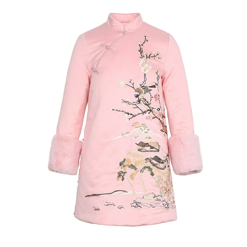 Floral Embroidery Retro Chinese Style Brocade Wadded Coat Comfort Fit