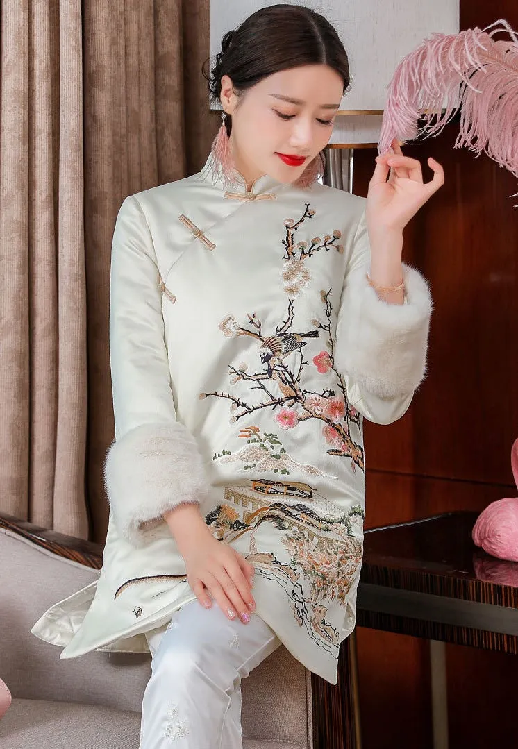 Floral Embroidery Retro Chinese Style Brocade Wadded Coat Comfort Fit