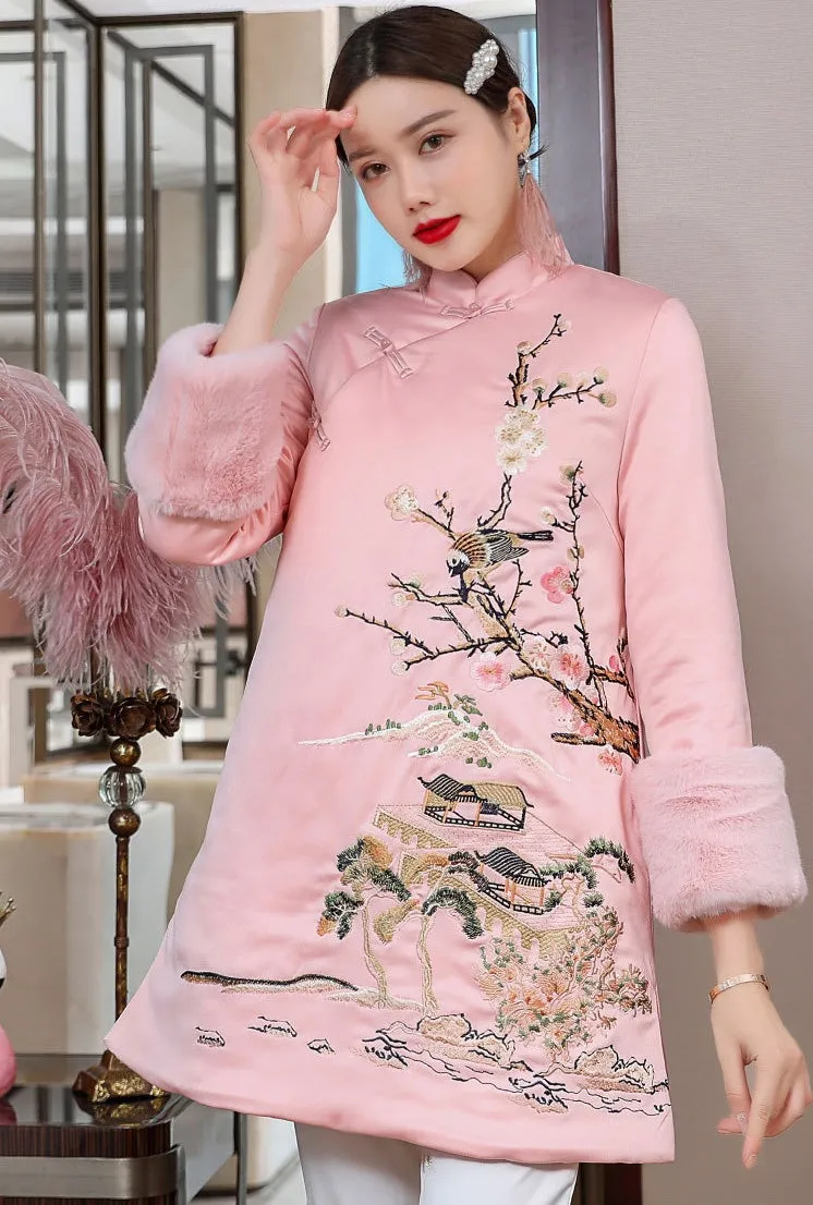 Floral Embroidery Retro Chinese Style Brocade Wadded Coat Comfort Fit