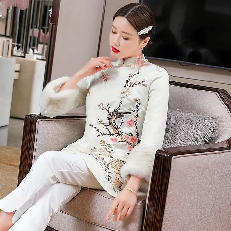 Floral Embroidery Retro Chinese Style Brocade Wadded Coat Comfort Fit