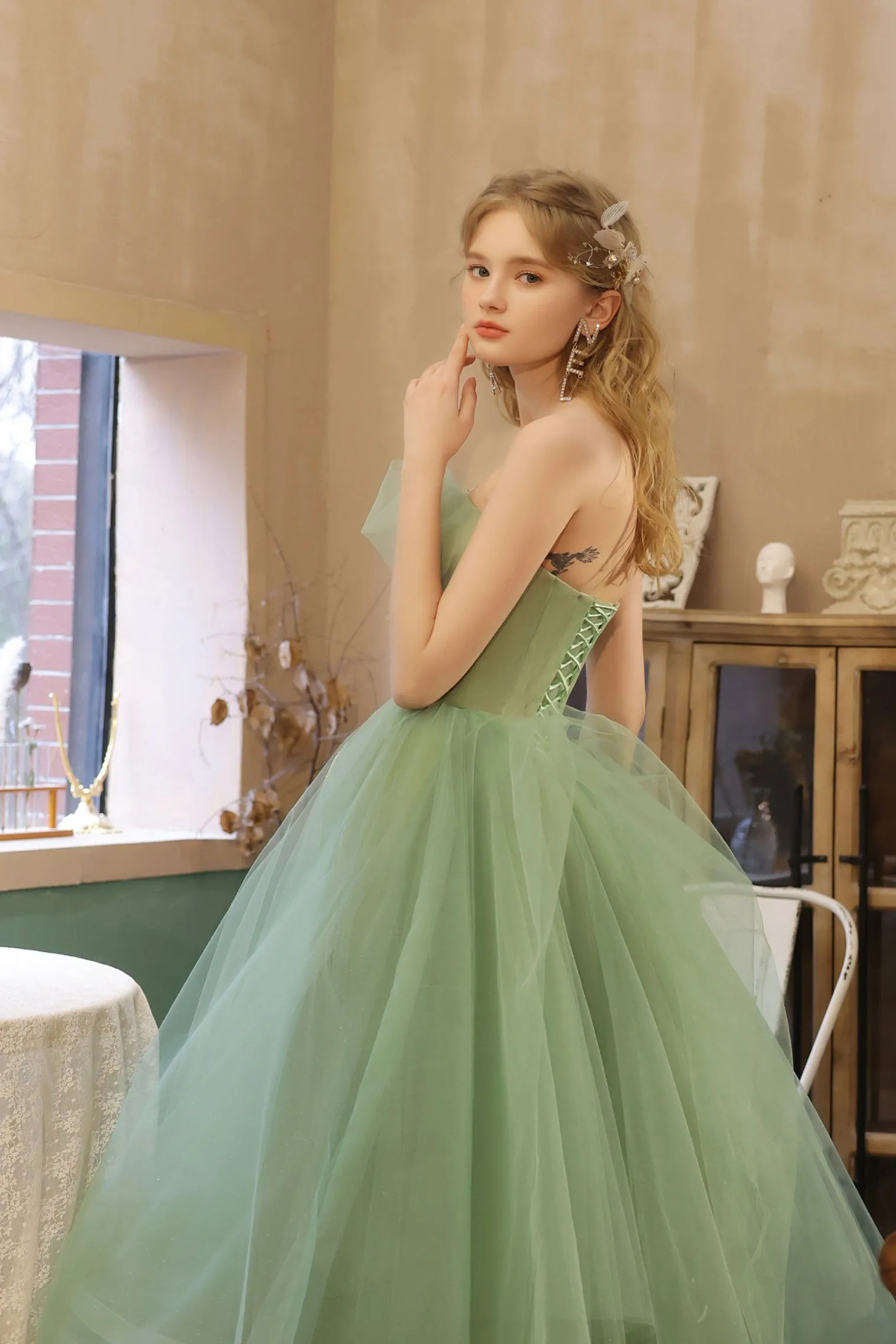 Green Strapless Lace Short Prom Dress, Lovely Green Homecoming Party Dress