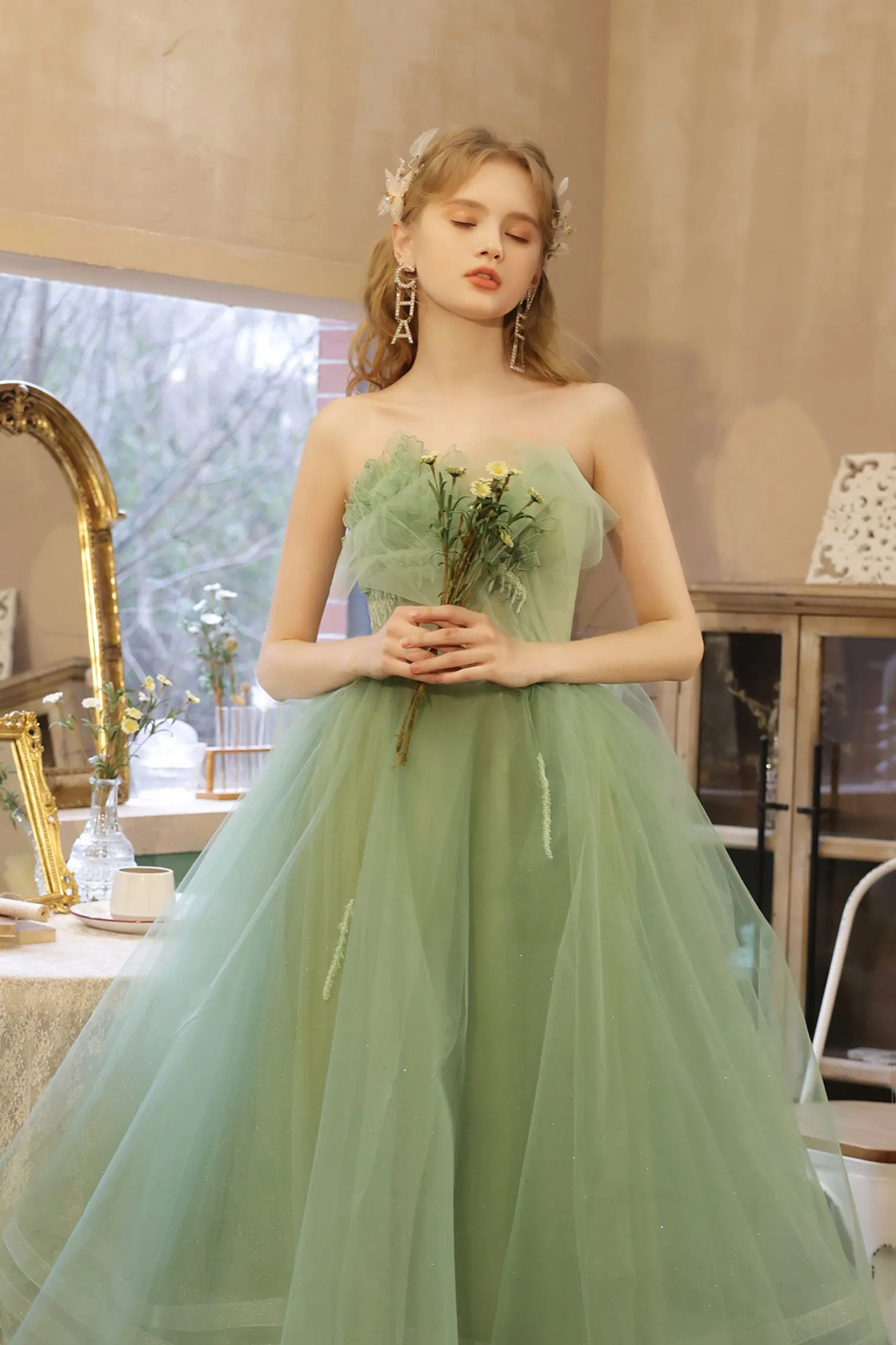 Green Strapless Lace Short Prom Dress, Lovely Green Homecoming Party Dress