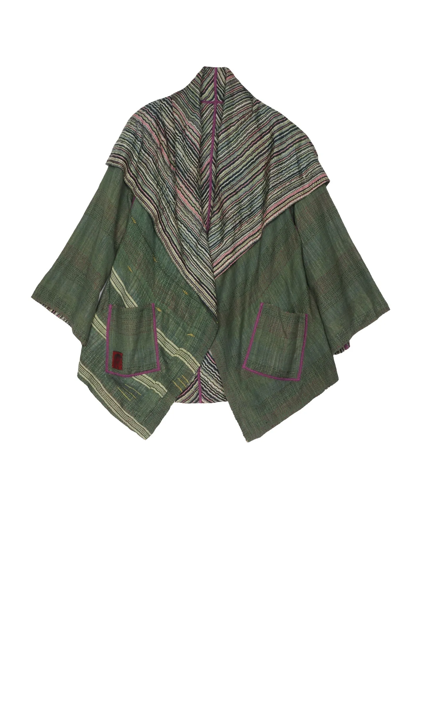 GREEN STRIPE W VINTAGE BACKING KANTHA CIRCULAR JKT - gt2008-grn -