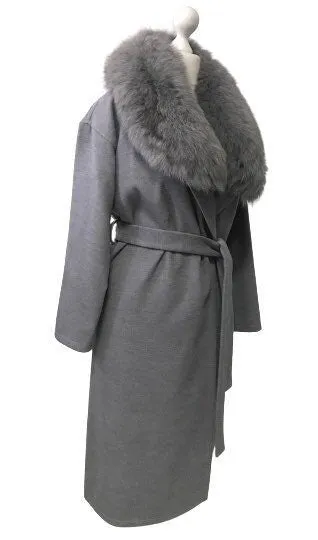 Grey Wrap Elegant Women coat, Long Belted Feminine Overcoat Trim Fox Fur, Woolen blend Coat Wrap