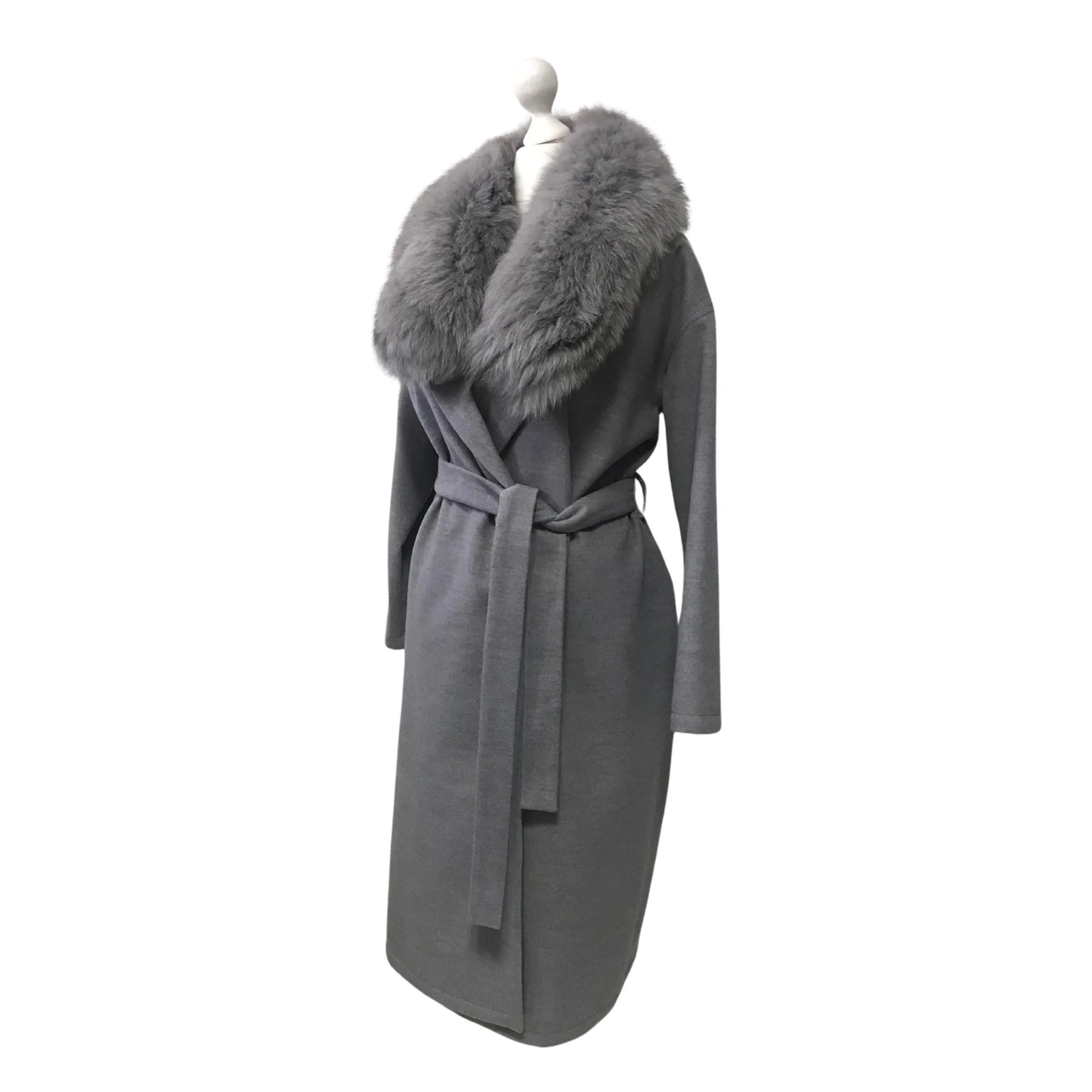 Grey Wrap Elegant Women coat, Long Belted Feminine Overcoat Trim Fox Fur, Woolen blend Coat Wrap