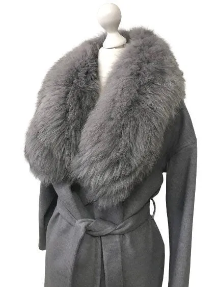 Grey Wrap Elegant Women coat, Long Belted Feminine Overcoat Trim Fox Fur, Woolen blend Coat Wrap