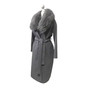 Grey Wrap Elegant Women coat, Long Belted Feminine Overcoat Trim Fox Fur, Woolen blend Coat Wrap