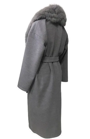 Grey Wrap Elegant Women coat, Long Belted Feminine Overcoat Trim Fox Fur, Woolen blend Coat Wrap