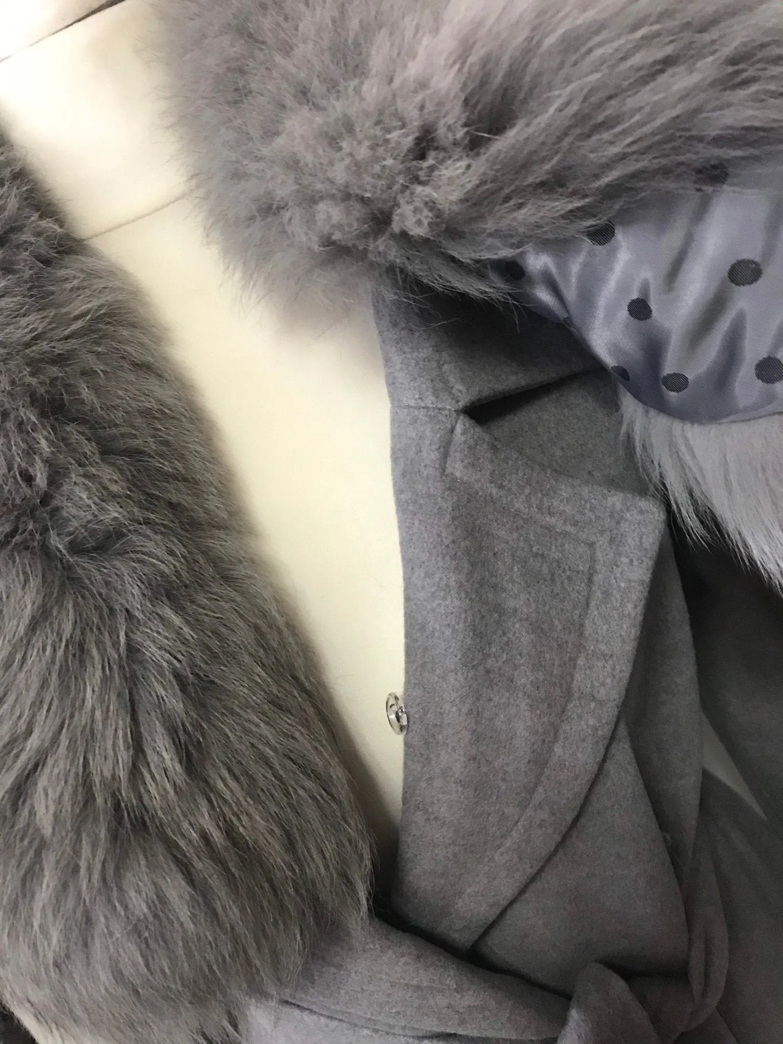 Grey Wrap Elegant Women coat, Long Belted Feminine Overcoat Trim Fox Fur, Woolen blend Coat Wrap