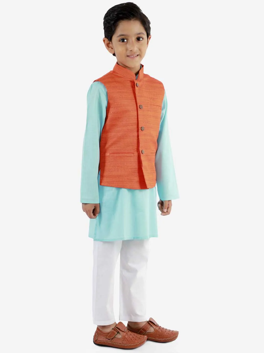 Jashvi Boys Orange Matka Silk Blend Nehru Jacket