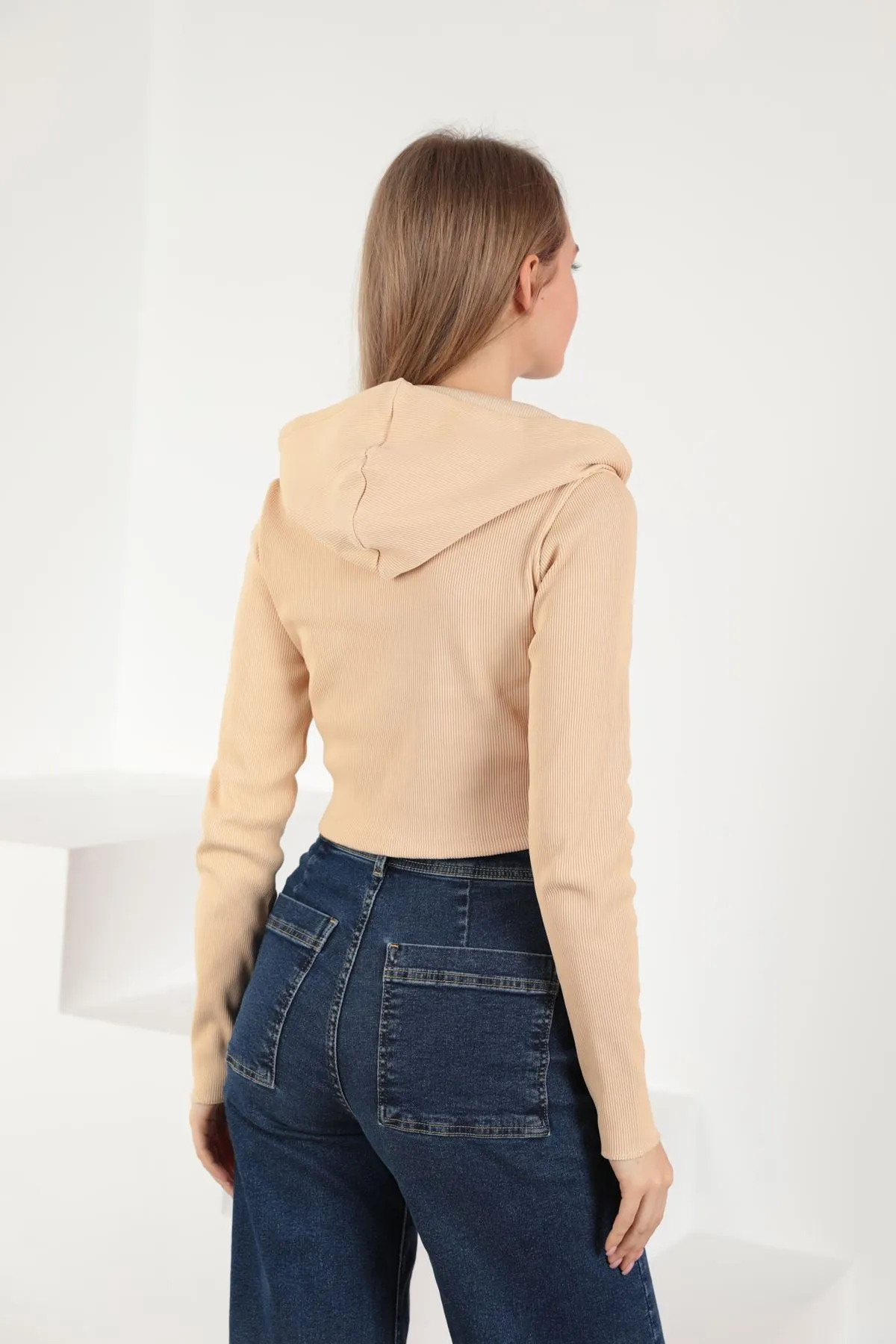 KKT Camisole Fabric Crop Zipper Women's Cardigan-Beige - Galloway