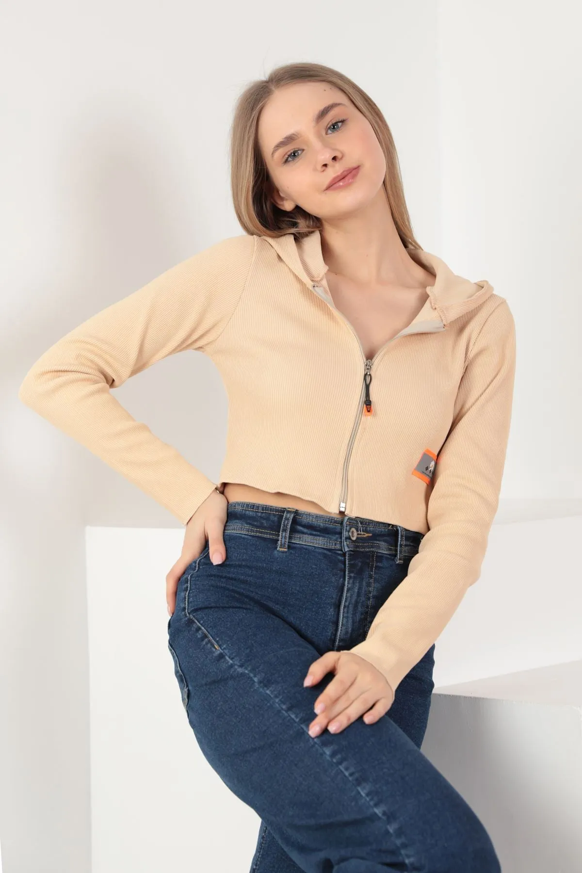 KKT Camisole Fabric Crop Zipper Women's Cardigan-Beige - Galloway