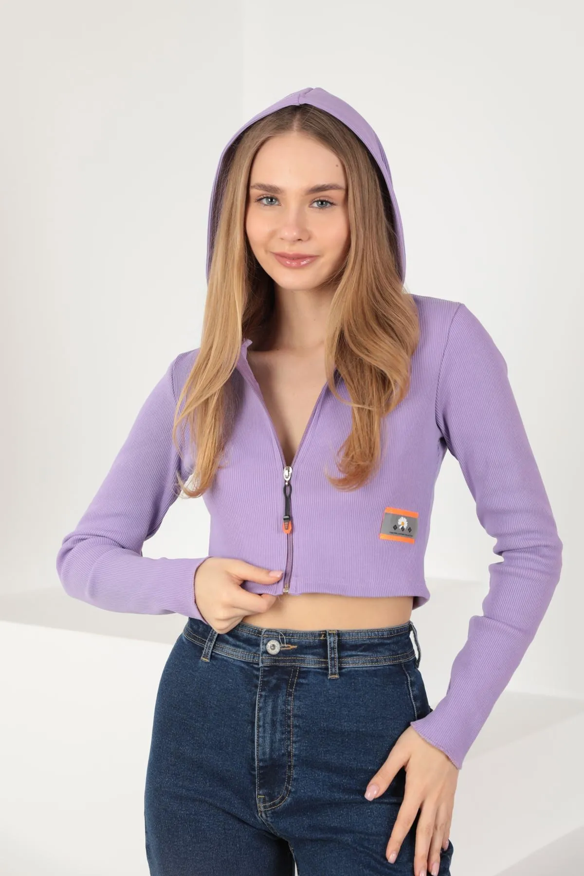 KKT Camisole Fabric Crop Zipper Women's Cardigan-Lilac - Visalia
