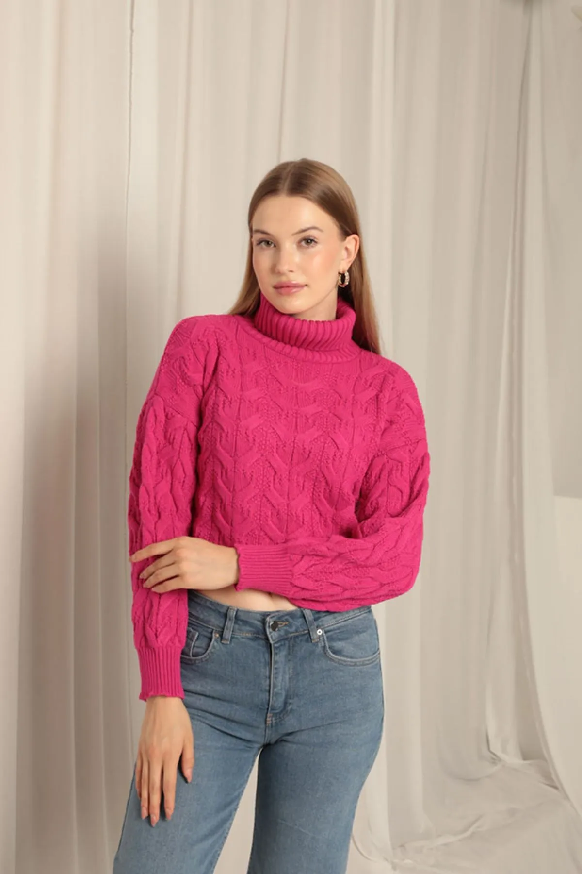 KKT Knitwear Fabric Knit Detailed Women's Fuchsia Sweater - Lugano