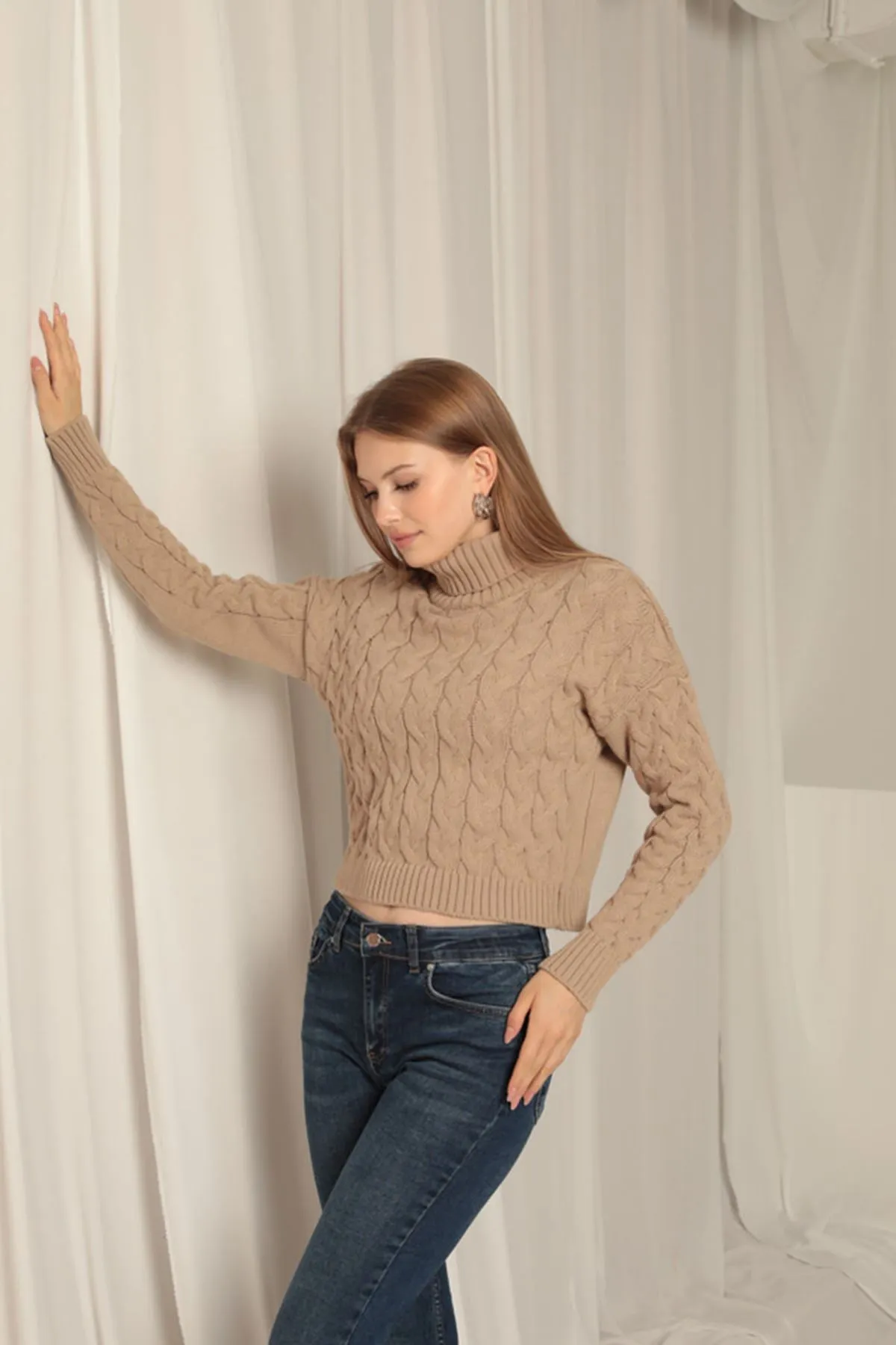 KKT Knitwear Fabric Knit Detailed Women's Mink Sweater - Paderno Dugnano