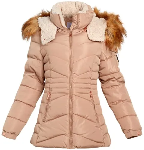 Madden Girl Women’s Winter Coat - Quilted Bubble Puffer Parka Jacket, Sherpa Hood (S-1X), Size L, Tan